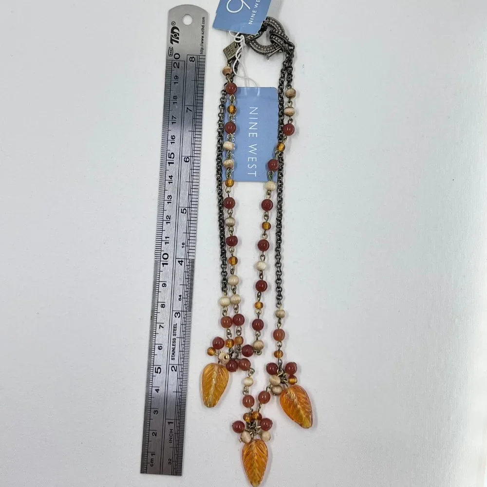NWT - Nine West - Orange Leaf Charms & Beaded Two Strand 14” Choker Necklace - Picture 4 of 7